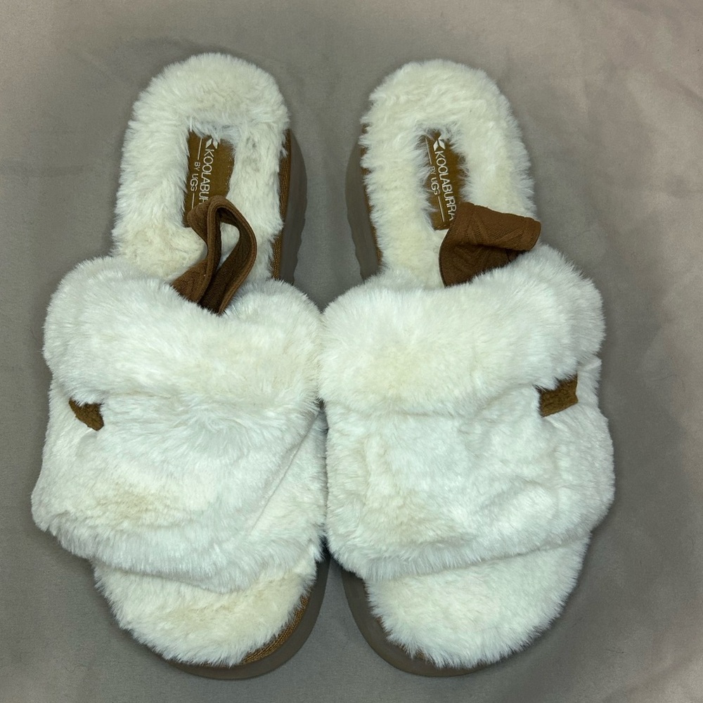 Koolaburra Cream Faux Fur Slide Slippers with Brown Accents